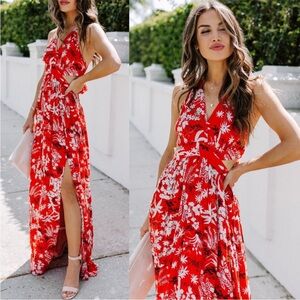 NWT VICI Red Floral Halter Open Back Tie Cut Out Maxi Dress with Slit